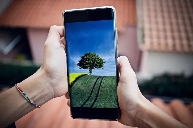 Photo showing mobile phone, cellphone and nature.