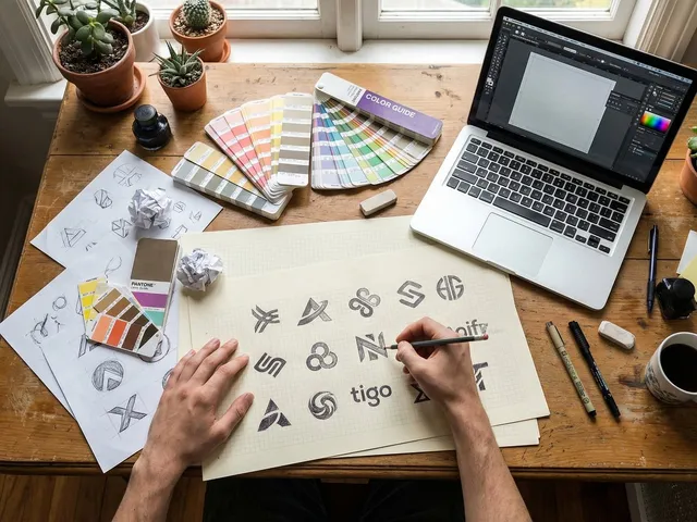 Photo showing graphic design, workspace and laptop.