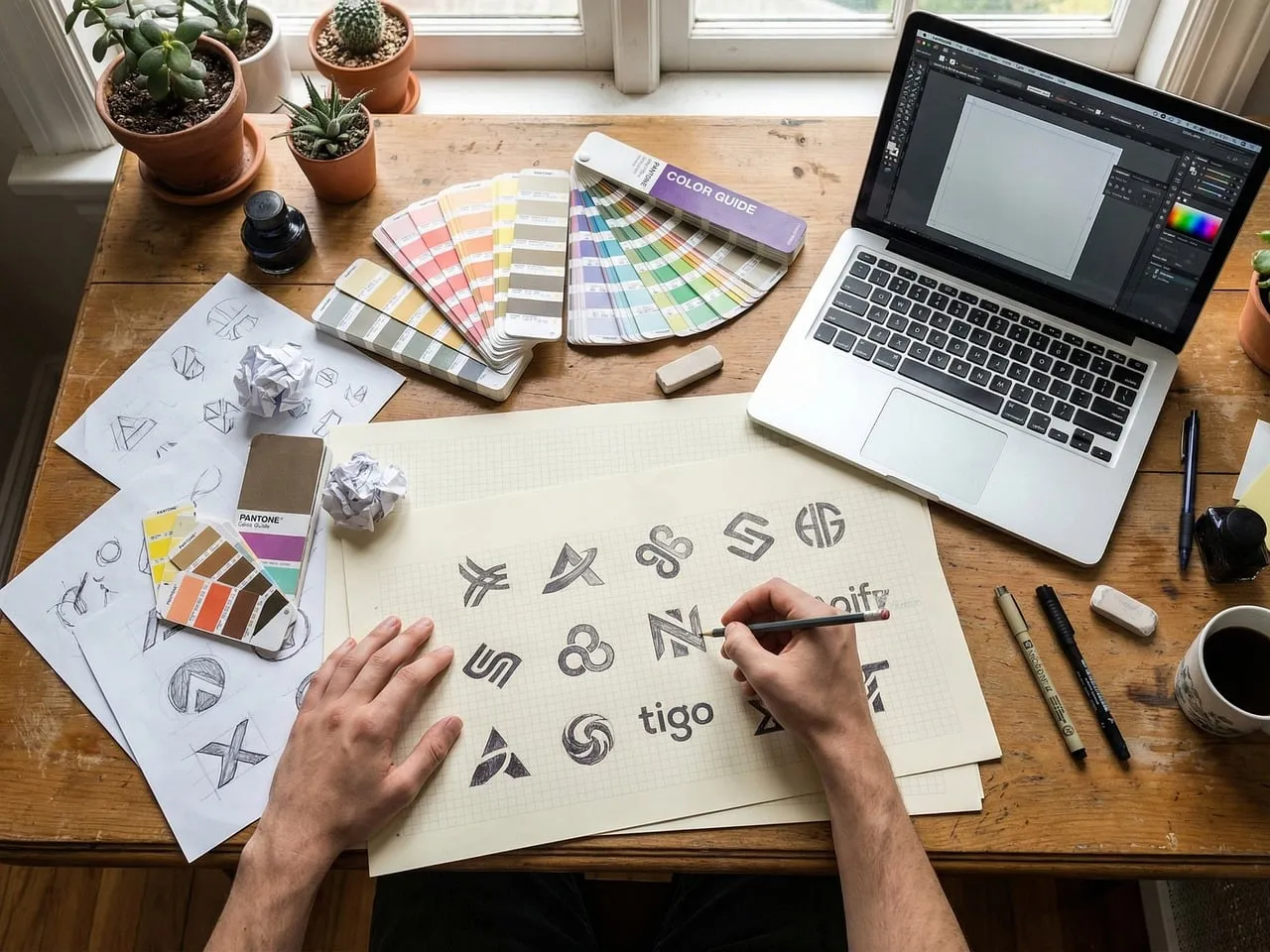 Photo showing graphic design, workspace and laptop.