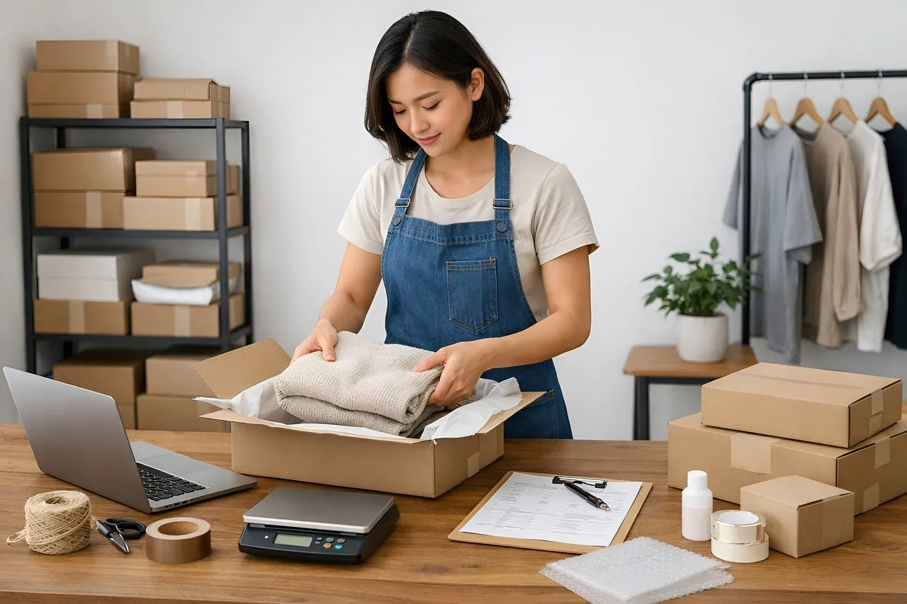 Photo showing small business, e commerce, order packing and business owner.