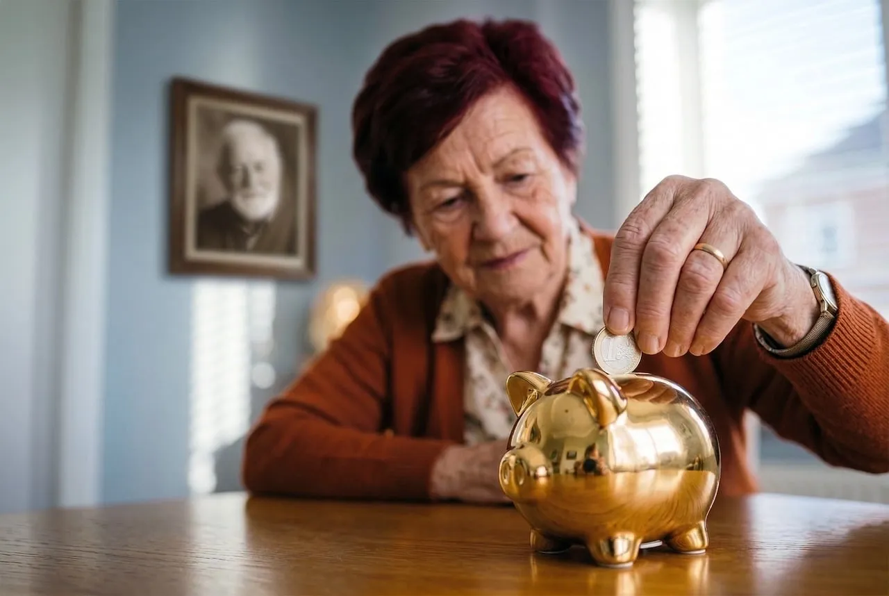 Photo showing older woman, senior, save and piggy bank.